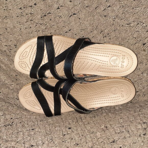CROCS-A Leigh Cork Wedge Sandals-Black Leather Strappy-Sz 9-Excellent - Picture 7 of 8